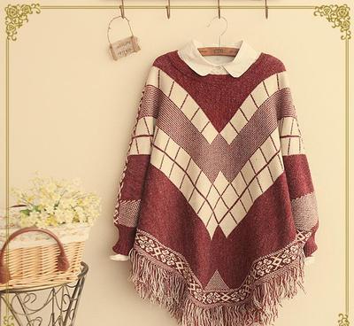2014新款 森女系日系不規(guī)則流蘇寬松蝙蝠袖針織毛衣斗篷女裝